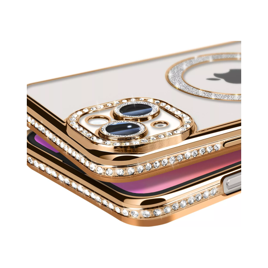 Husa compatibila cu IPhone 15, Compatibila cu MagSafe, Contur Auriu cu Pietre Husa compatibila cu IPhone 15, Compatibila cu MagSafe, Contur Auriu cu Pietre