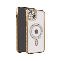 Husa compatibila cu IPhone 15, Compatibila cu MagSafe, Contur Auriu cu Pietre Husa compatibila cu IPhone 15, Compatibila cu MagSafe, Contur Auriu cu Pietre
