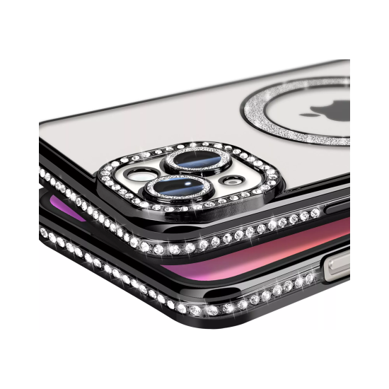 Husa compatibila cu IPhone 15, Compatibila cu MagSafe, Contur Negru cu Pietre Husa compatibila cu IPhone 15, Compatibila cu MagSafe, Contur Negru cu Pietre