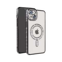 Husa compatibila cu IPhone 15, Compatibila cu MagSafe, Contur Negru cu Pietre Husa compatibila cu IPhone 15, Compatibila cu MagSafe, Contur Negru cu Pietre