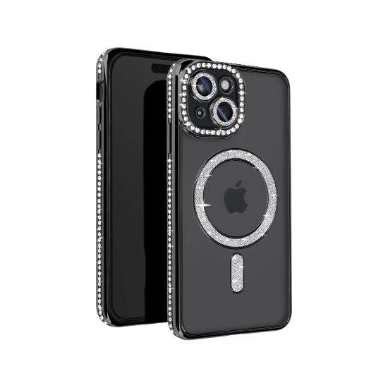 Husa compatibila cu IPhone 15, Compatibila cu MagSafe, Contur Negru cu Pietre Husa compatibila cu IPhone 15, Compatibila cu MagSafe, Contur Negru cu Pietre