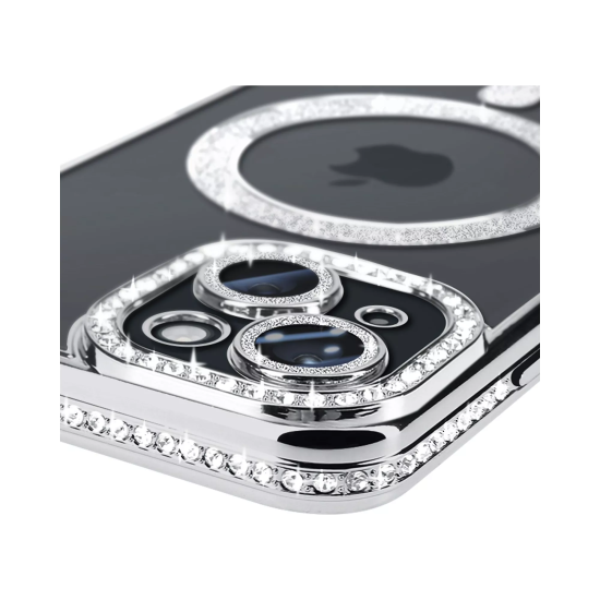 Husa compatibila cu IPhone 15, Compatibila cu MagSafe, Contur Silver cu Pietre Husa compatibila cu IPhone 15, Compatibila cu MagSafe, Contur Silver cu Pietre