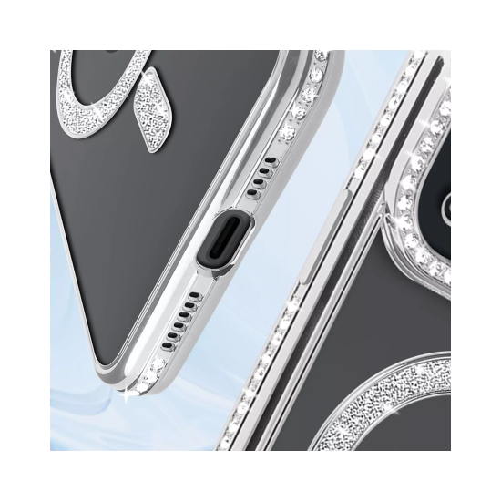 Husa compatibila cu IPhone 15, Compatibila cu MagSafe, Contur Silver cu Pietre Husa compatibila cu IPhone 15, Compatibila cu MagSafe, Contur Silver cu Pietre
