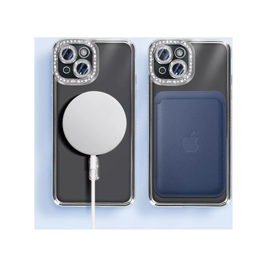 Husa compatibila cu IPhone 15, Compatibila cu MagSafe, Contur Silver cu Pietre Husa compatibila cu IPhone 15, Compatibila cu MagSafe, Contur Silver cu Pietre
