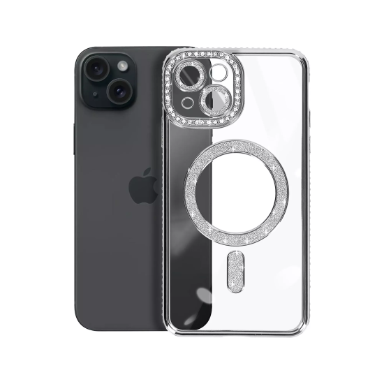 Husa compatibila cu IPhone 15, Compatibila cu MagSafe, Contur Silver cu Pietre Husa compatibila cu IPhone 15, Compatibila cu MagSafe, Contur Silver cu Pietre