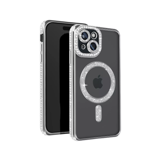 Husa compatibila cu IPhone 15, Compatibila cu MagSafe, Contur Silver cu Pietre Husa compatibila cu IPhone 15, Compatibila cu MagSafe, Contur Silver cu Pietre
