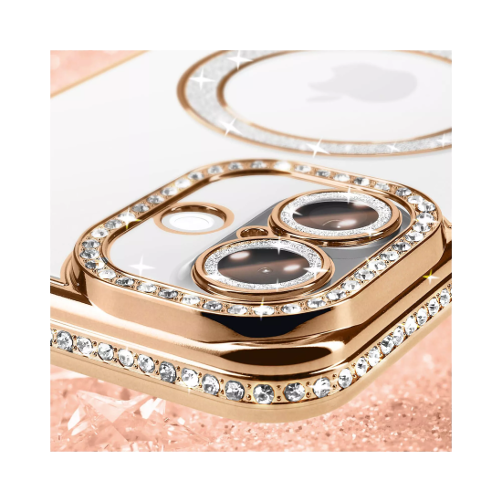 Husa compatibila cu IPhone 16, Compatibila cu MagSafe, Contur Auriu cu Pietre Husa compatibila cu IPhone 16, Compatibila cu MagSafe, Contur Auriu cu Pietre