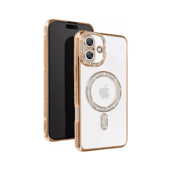 Husa compatibila cu IPhone 16, Compatibila cu MagSafe, Contur Auriu cu Pietre