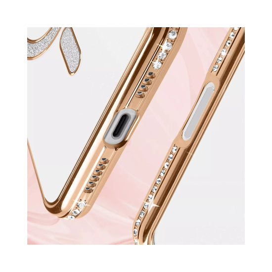 Husa compatibila cu IPhone 16, Compatibila cu MagSafe, Contur Auriu cu Pietre Husa compatibila cu IPhone 16, Compatibila cu MagSafe, Contur Auriu cu Pietre