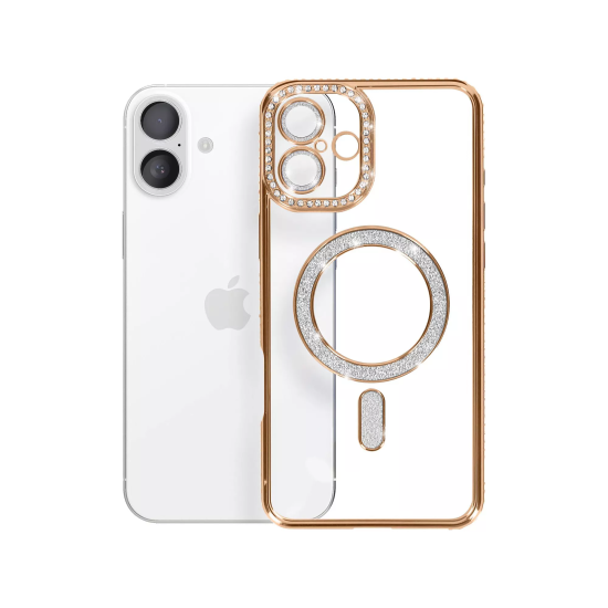 Husa compatibila cu IPhone 16, Compatibila cu MagSafe, Contur Auriu cu Pietre Husa compatibila cu IPhone 16, Compatibila cu MagSafe, Contur Auriu cu Pietre
