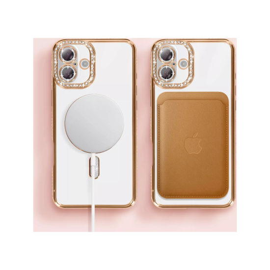 Husa compatibila cu IPhone 16, Compatibila cu MagSafe, Contur Auriu cu Pietre Husa compatibila cu IPhone 16, Compatibila cu MagSafe, Contur Auriu cu Pietre