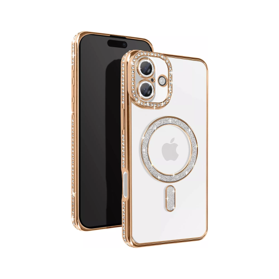Husa compatibila cu IPhone 16, Compatibila cu MagSafe, Contur Auriu cu Pietre Husa compatibila cu IPhone 16, Compatibila cu MagSafe, Contur Auriu cu Pietre
