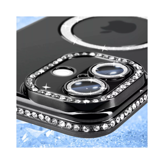 Husa compatibila cu IPhone 16, Compatibila cu MagSafe, Contur Negru cu Pietre Husa compatibila cu IPhone 16, Compatibila cu MagSafe, Contur Negru cu Pietre