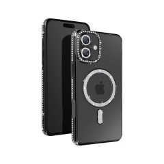 Husa compatibila cu IPhone 16, Compatibila cu MagSafe, Contur Negru cu Pietre