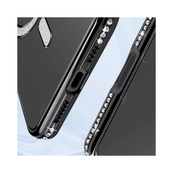 Husa compatibila cu IPhone 16, Compatibila cu MagSafe, Contur Negru cu Pietre Husa compatibila cu IPhone 16, Compatibila cu MagSafe, Contur Negru cu Pietre