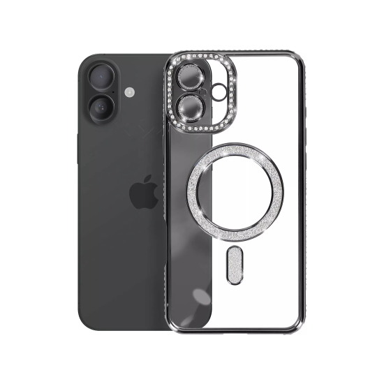 Husa compatibila cu IPhone 16, Compatibila cu MagSafe, Contur Negru cu Pietre Husa compatibila cu IPhone 16, Compatibila cu MagSafe, Contur Negru cu Pietre