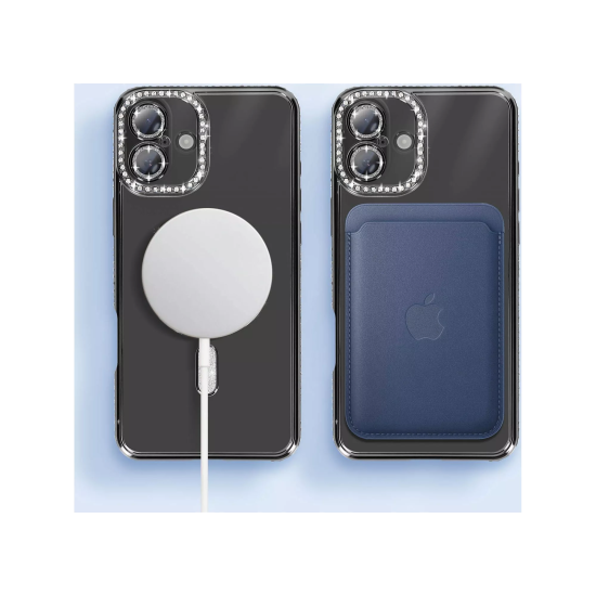 Husa compatibila cu IPhone 16, Compatibila cu MagSafe, Contur Negru cu Pietre Husa compatibila cu IPhone 16, Compatibila cu MagSafe, Contur Negru cu Pietre