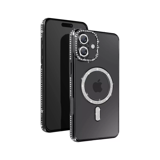 Husa compatibila cu IPhone 16, Compatibila cu MagSafe, Contur Negru cu Pietre Husa compatibila cu IPhone 16, Compatibila cu MagSafe, Contur Negru cu Pietre