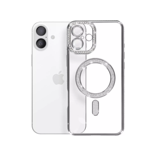 Husa compatibila cu IPhone 16, Compatibila cu MagSafe, Contur Silver cu Pietre Husa compatibila cu IPhone 16, Compatibila cu MagSafe, Contur Silver cu Pietre