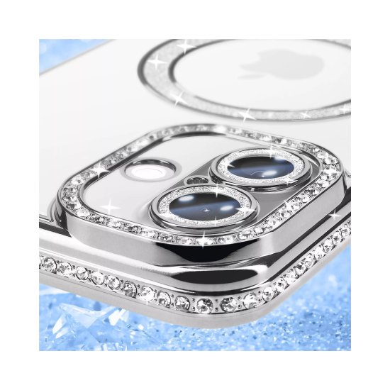 Husa compatibila cu IPhone 16, Compatibila cu MagSafe, Contur Silver cu Pietre Husa compatibila cu IPhone 16, Compatibila cu MagSafe, Contur Silver cu Pietre