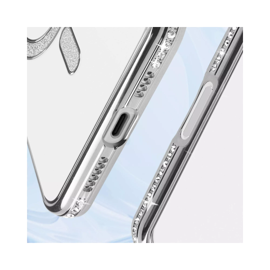 Husa compatibila cu IPhone 16, Compatibila cu MagSafe, Contur Silver cu Pietre Husa compatibila cu IPhone 16, Compatibila cu MagSafe, Contur Silver cu Pietre