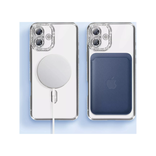 Husa compatibila cu IPhone 16, Compatibila cu MagSafe, Contur Silver cu Pietre Husa compatibila cu IPhone 16, Compatibila cu MagSafe, Contur Silver cu Pietre