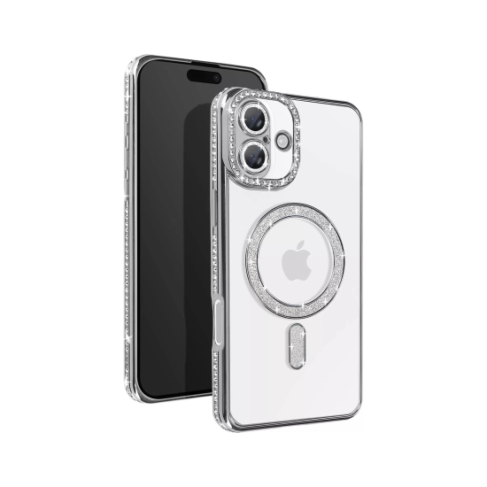 Husa compatibila cu IPhone 16, Compatibila cu MagSafe, Contur Silver cu Pietre Husa compatibila cu IPhone 16, Compatibila cu MagSafe, Contur Silver cu Pietre