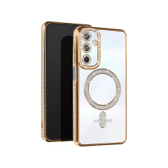 Husa compatibila cu Samsung Galaxy A16, Compatibila cu MagSafe, Contur Auriu cu Pietre