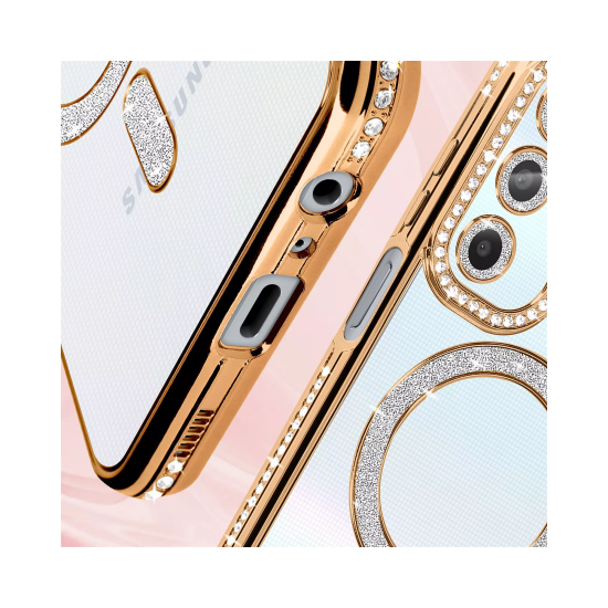 Husa compatibila cu Samsung Galaxy A16, Compatibila cu MagSafe, Contur Auriu cu Pietre Husa compatibila cu Samsung Galaxy A16, Compatibila cu MagSafe, Contur Auriu cu Pietre