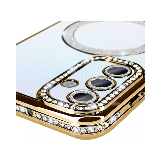 Husa compatibila cu Samsung Galaxy A16, Compatibila cu MagSafe, Contur Auriu cu Pietre Husa compatibila cu Samsung Galaxy A16, Compatibila cu MagSafe, Contur Auriu cu Pietre