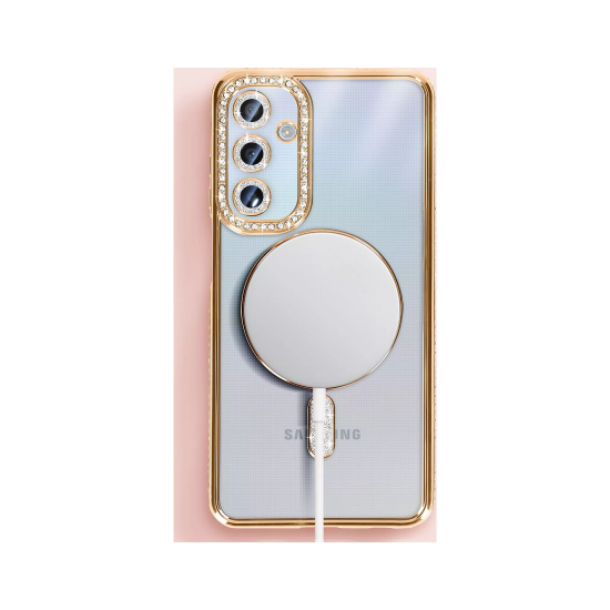 Husa compatibila cu Samsung Galaxy A16, Compatibila cu MagSafe, Contur Auriu cu Pietre Husa compatibila cu Samsung Galaxy A16, Compatibila cu MagSafe, Contur Auriu cu Pietre