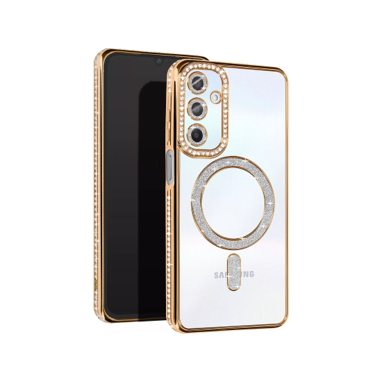 Husa compatibila cu Samsung Galaxy A16, Compatibila cu MagSafe, Contur Auriu cu Pietre Husa compatibila cu Samsung Galaxy A16, Compatibila cu MagSafe, Contur Auriu cu Pietre