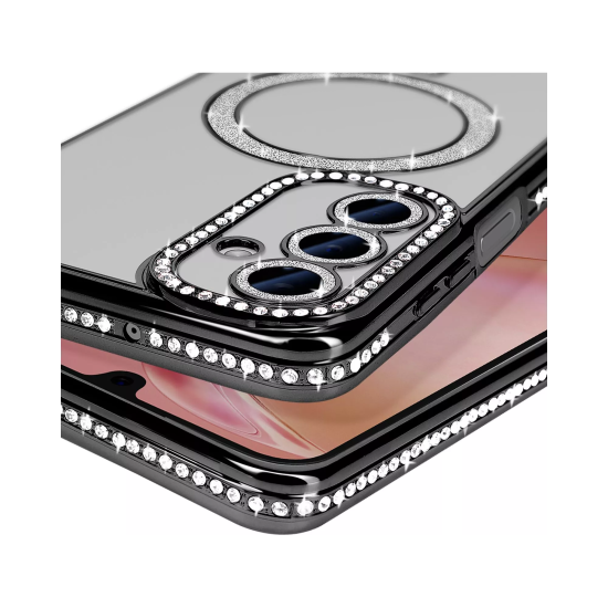Husa compatibila cu Samsung Galaxy A16, Compatibila cu MagSafe, Contur Negru cu Pietre Husa compatibila cu Samsung Galaxy A16, Compatibila cu MagSafe, Contur Negru cu Pietre