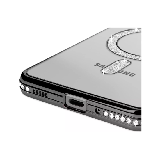Husa compatibila cu Samsung Galaxy A16, Compatibila cu MagSafe, Contur Negru cu Pietre Husa compatibila cu Samsung Galaxy A16, Compatibila cu MagSafe, Contur Negru cu Pietre