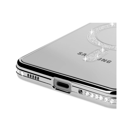 Husa compatibila cu Samsung Galaxy A16, Compatibila cu MagSafe, Contur Silver cu Pietre Husa compatibila cu Samsung Galaxy A16, Compatibila cu MagSafe, Contur Silver cu Pietre