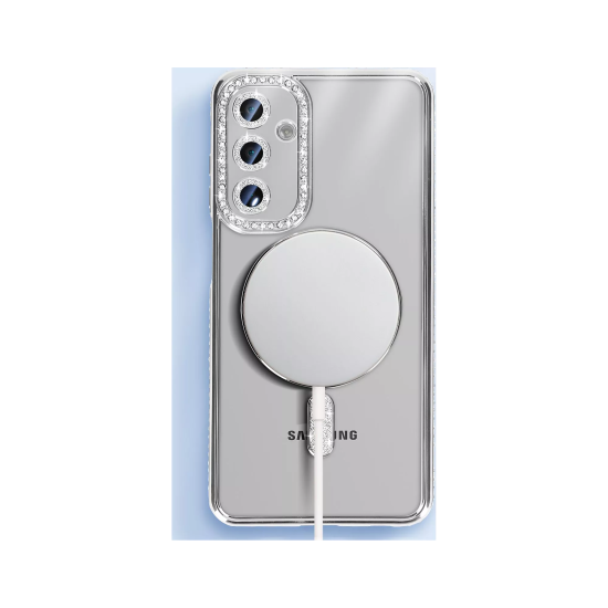 Husa compatibila cu Samsung Galaxy A16, Compatibila cu MagSafe, Contur Silver cu Pietre Husa compatibila cu Samsung Galaxy A16, Compatibila cu MagSafe, Contur Silver cu Pietre