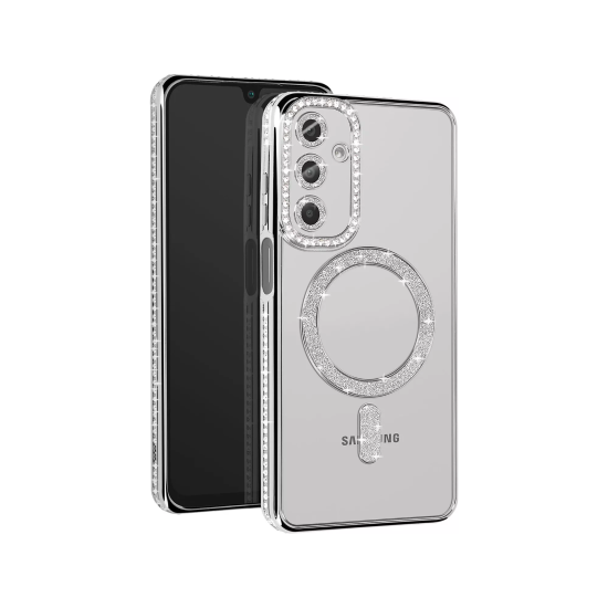 Husa compatibila cu Samsung Galaxy A16, Compatibila cu MagSafe, Contur Silver cu Pietre Husa compatibila cu Samsung Galaxy A16, Compatibila cu MagSafe, Contur Silver cu Pietre