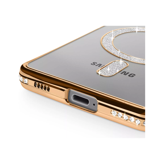 Husa compatibila cu Samsung Galaxy S25 Fe, Compatibila cu MagSafe, Contur Auriu cu Pietre Husa compatibila cu Samsung Galaxy S25 Fe, Compatibila cu MagSafe, Contur Auriu cu Pietre