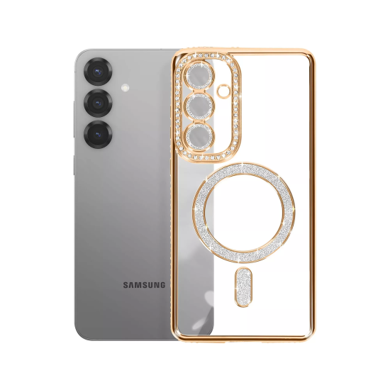 Husa compatibila cu Samsung Galaxy S25 Fe, Compatibila cu MagSafe, Contur Auriu cu Pietre Husa compatibila cu Samsung Galaxy S25 Fe, Compatibila cu MagSafe, Contur Auriu cu Pietre