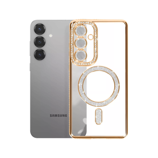 Husa compatibila cu Samsung Galaxy S25 Fe, Compatibila cu MagSafe, Contur Auriu cu Pietre Husa compatibila cu Samsung Galaxy S25 Fe, Compatibila cu MagSafe, Contur Auriu cu Pietre