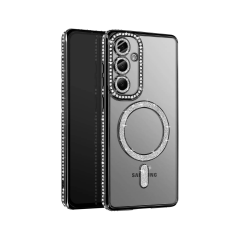 Husa compatibila cu Samsung Galaxy A56, Compatibila cu MagSafe, Contur Negru cu Pietre