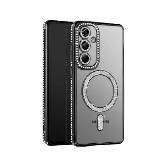 Husa compatibila cu Samsung Galaxy S25 Fe, Compatibila cu MagSafe, Contur Negru cu Pietre Husa compatibila cu Samsung Galaxy S25 Fe, Compatibila cu MagSafe, Contur Negru cu Pietre