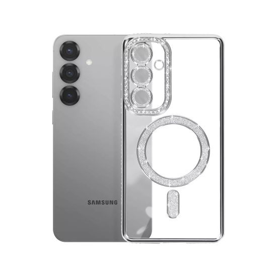 Husa compatibila cu Samsung Galaxy S25 Fe, Compatibila cu MagSafe, Contur Silver cu Pietre Husa compatibila cu Samsung Galaxy S25 Fe, Compatibila cu MagSafe, Contur Silver cu Pietre