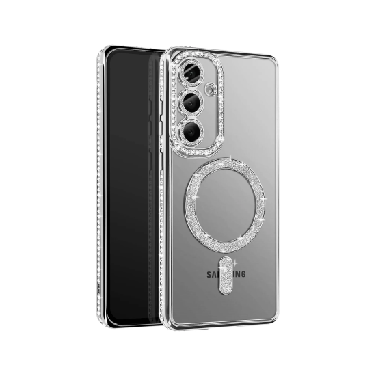 Husa compatibila cu Samsung Galaxy S25 Fe, Compatibila cu MagSafe, Contur Silver cu Pietre Husa compatibila cu Samsung Galaxy S25 Fe, Compatibila cu MagSafe, Contur Silver cu Pietre
