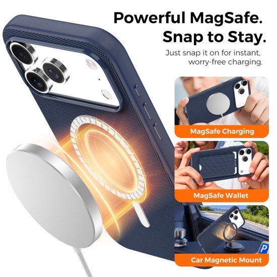 Husa compatibila cu iPhone 17 Pro Max, MagSafe, Design Woven, Soft Touch, Antisoc, Albastru Inchis
