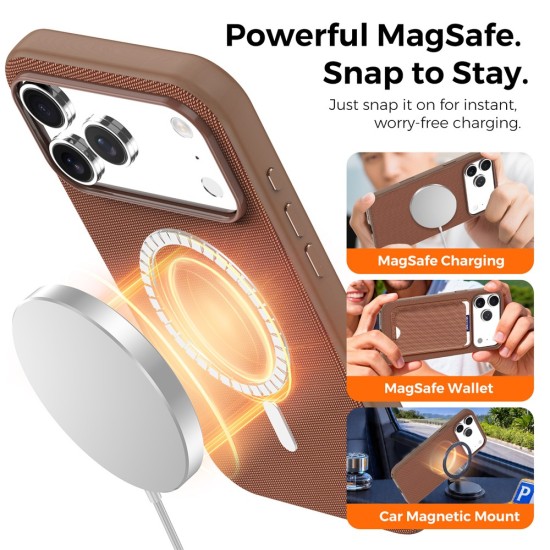 Husa compatibila cu iPhone 17 Pro, MagSafe, Design Woven, Soft Touch, Antisoc, Maro