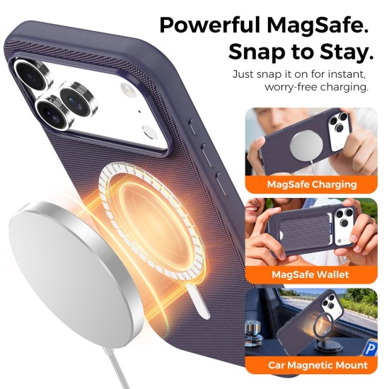 Husa compatibila cu iPhone 18 Pro Max, MagSafe, Design Woven, Soft Touch, Antisoc, Mov