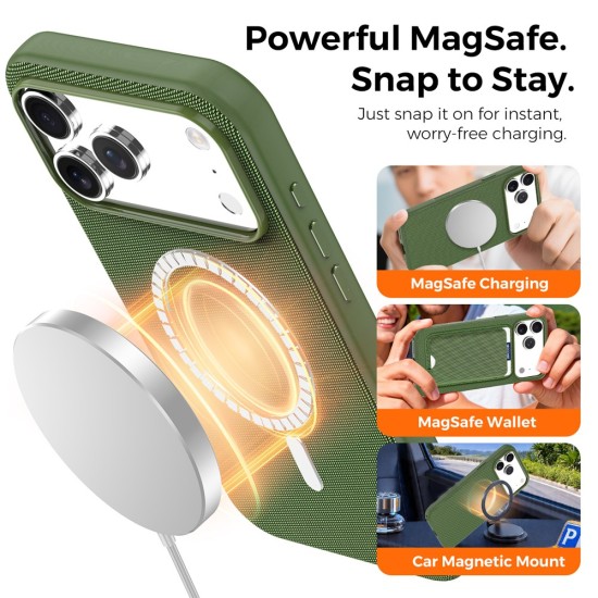 Husa compatibila cu iPhone 18 Pro, MagSafe, Design Woven, Soft Touch, Antisoc, Verde