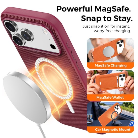 Husa compatibila cu iPhone 18 Pro, MagSafe, Design Woven, Soft Touch, Antisoc, Cherry Red