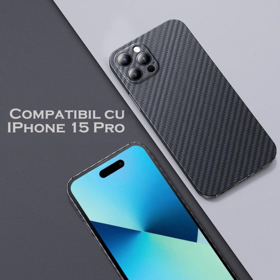 Husa Carbon pentru Apple Iphone 15 Pro , Slim, AntiSoc, Fibra de Carbon, Protectie Camera, Negru